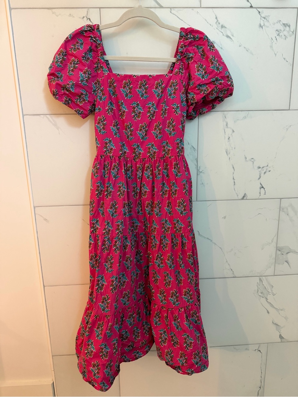 J. Crew Hot Pink Floral Puff-Sleeve Midi Dress